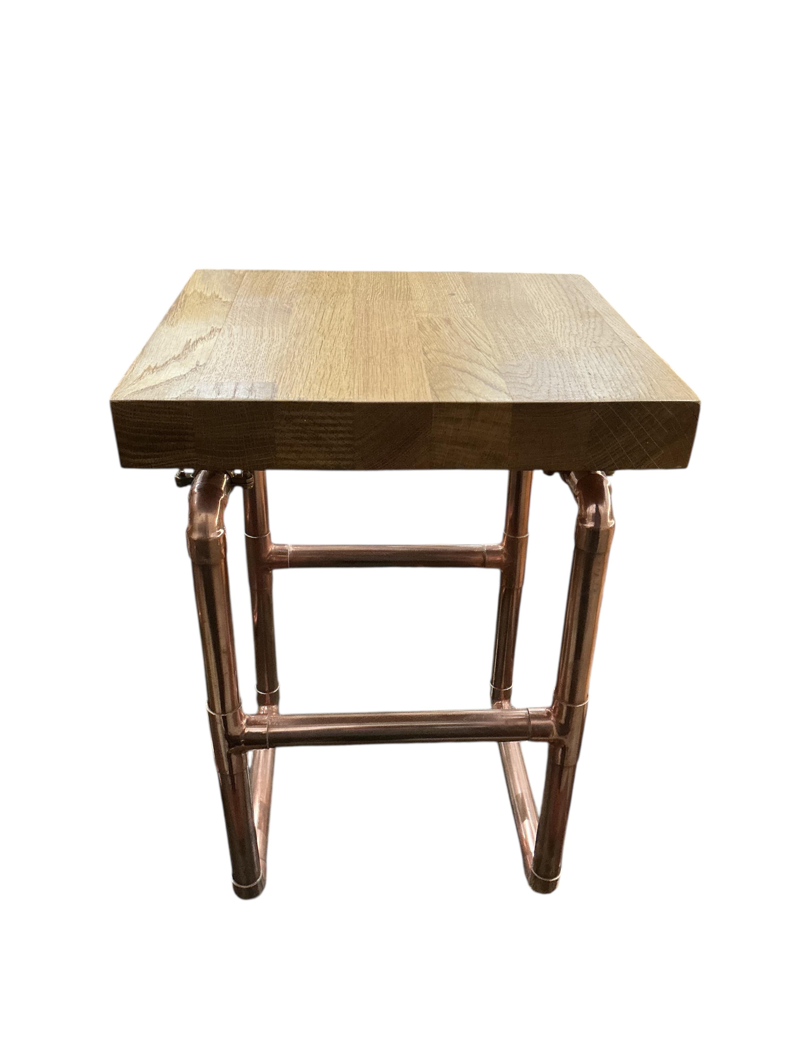 A pair of contemporary Industrial style oak and tubular copper occasional tables, width 38cm, depth 28cm, height 44cm